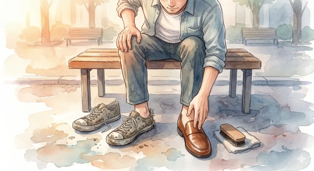 古いスニーカーから清潔感のある革靴へ履き替え足元をアップデートする様子を表現したイメージ