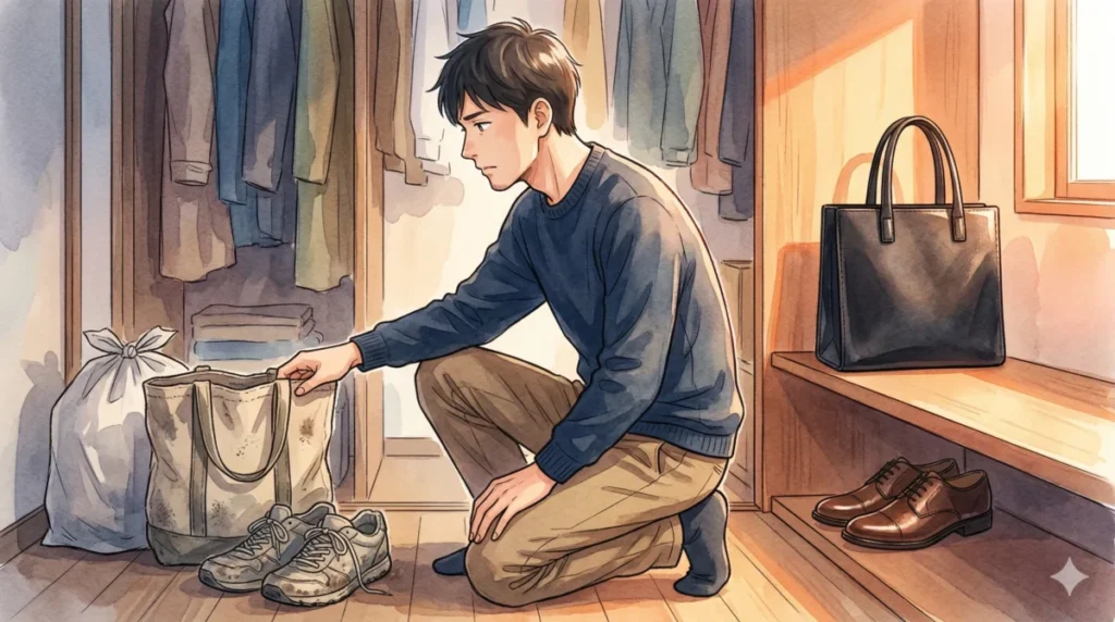 視線が集まる先端の小物に投資し古いアイテムを整理する賢い戦略を表現したイメージ