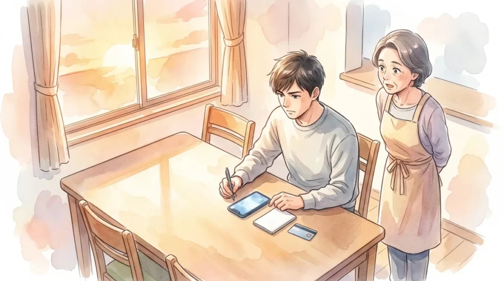 実家を拠点に将来に向けた資産形成や人生設計に励む様子を表現したイメージ