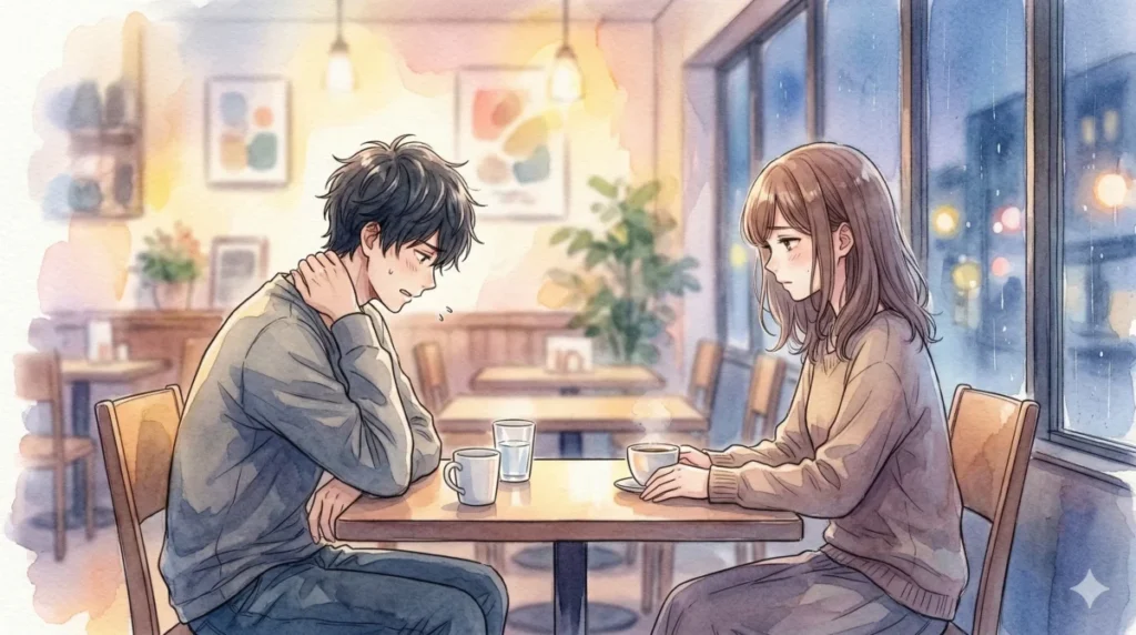 年収への卑屈さから自信を失い、相手を困惑させている様子を表現したイメージ