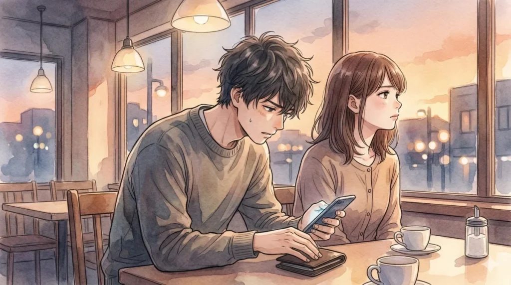 1円単位の割り勘に執着し、デートの雰囲気を壊している様子を表現したイメージ