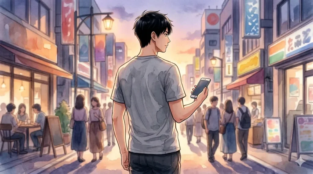 外出中にTシャツの汗染みが広がり、周囲の目が気になり焦る心理を表現したイメージ