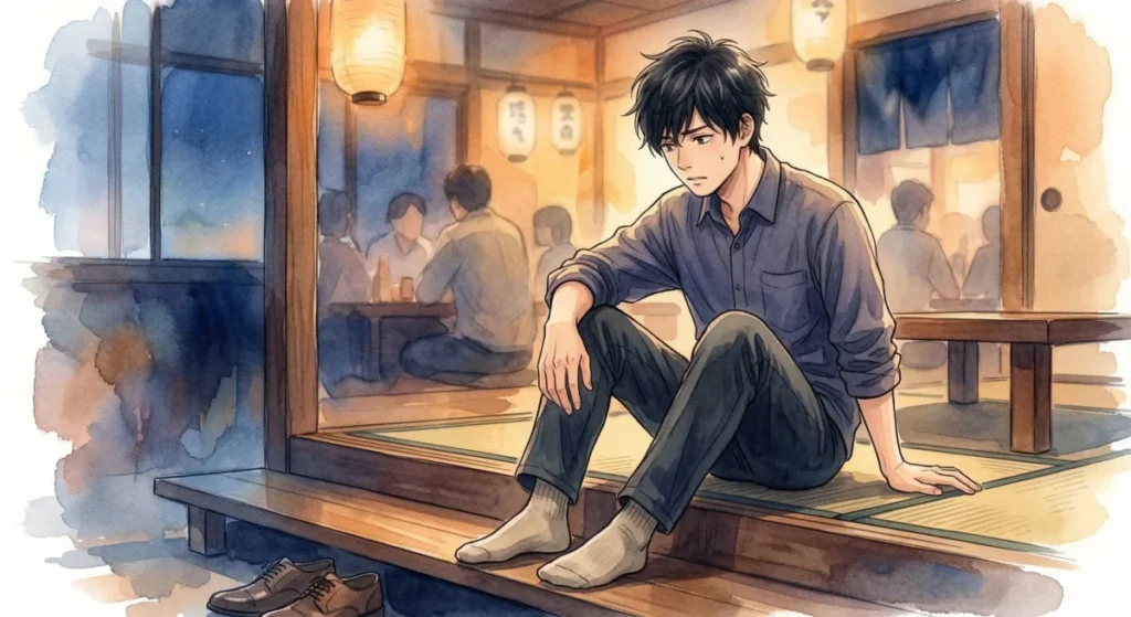 居酒屋の座敷で靴を脱ぐ際、自分の足の臭いに不安を感じて落胆する様子を表現したイメージ