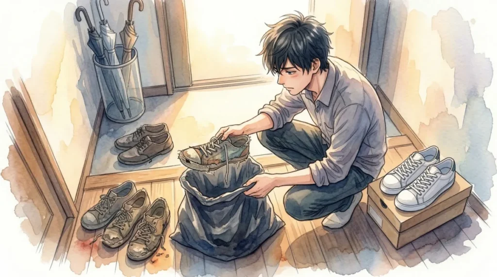 臭いの染み付いた古い靴を捨て、清潔な新しい靴に買い替える決断を表現したイメージ