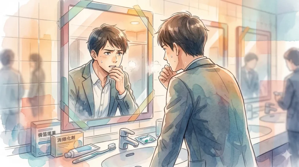 鏡の前で自分の息をチェックし、体の内側からの口臭ケアを意識する様子を表現したイメージ