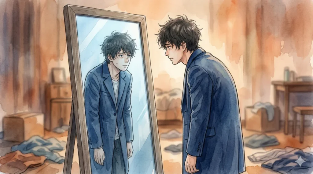 鏡の前で自分の猫背を確認し、自信のなさを直視する瞬間のイメージ