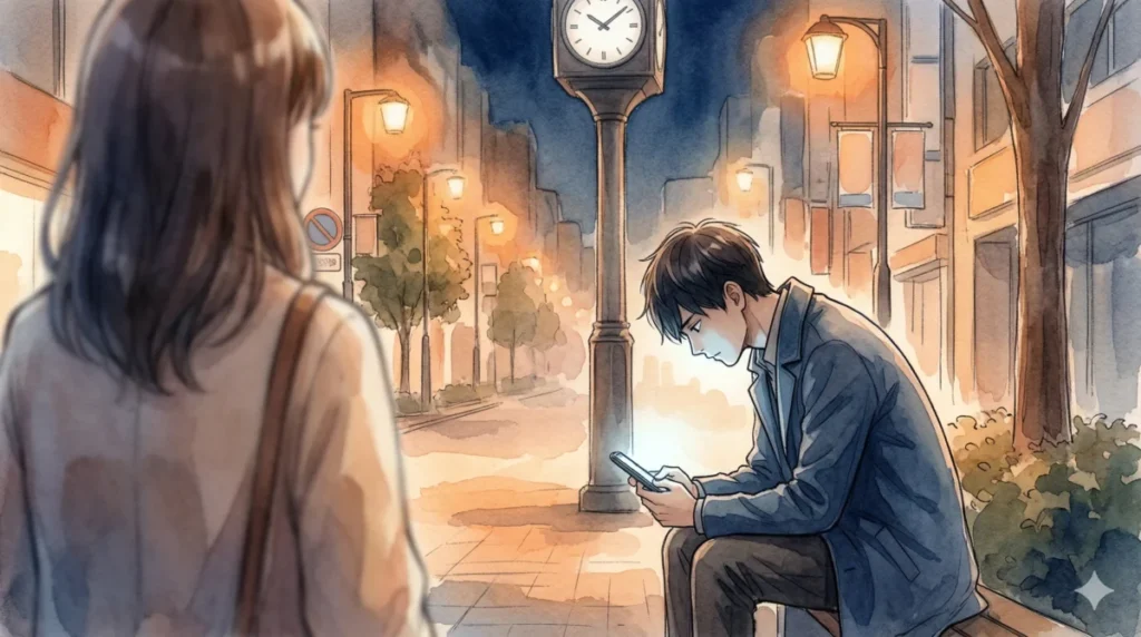 待ち合わせ中に猫背でスマホを操作し、第一印象を悪くしている様子のイメージ