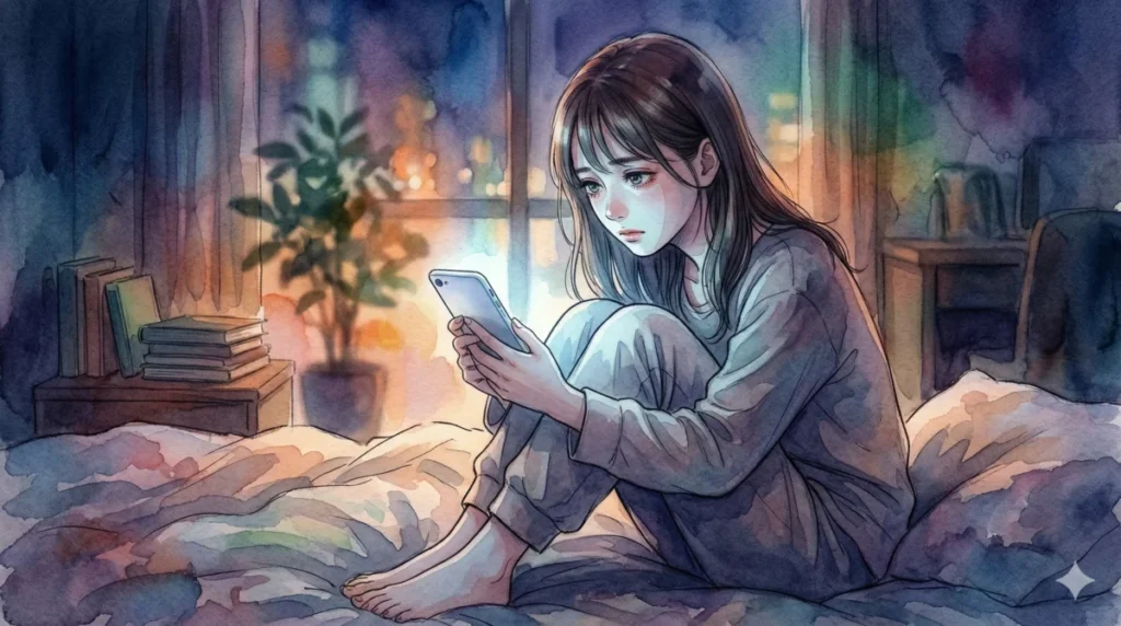 連絡が来ず、ベッドで一人スマホを見つめ孤独を感じる女性を表現したイメージ