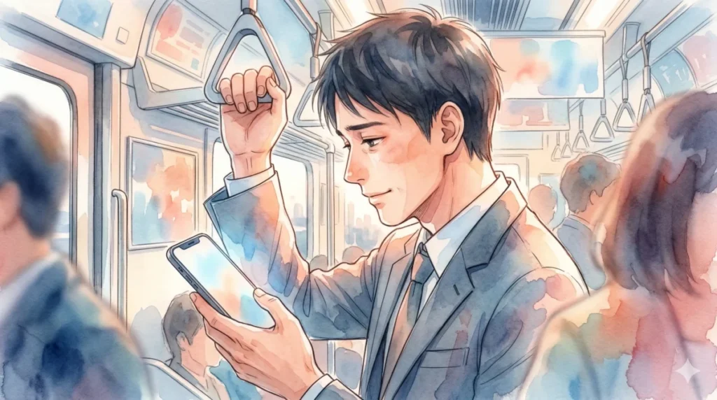 通勤電車の隙間時間を使い、笑顔で連絡を返す時間管理を表現したイメージ