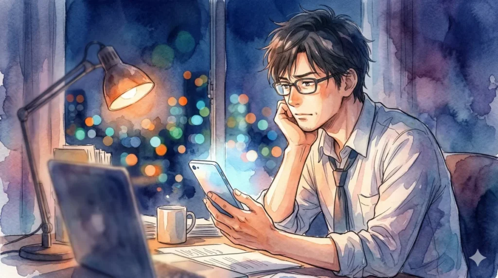 深夜の仕事中にスマホを手に取り、連絡の納期を伝える誠実さを表現したイメージ