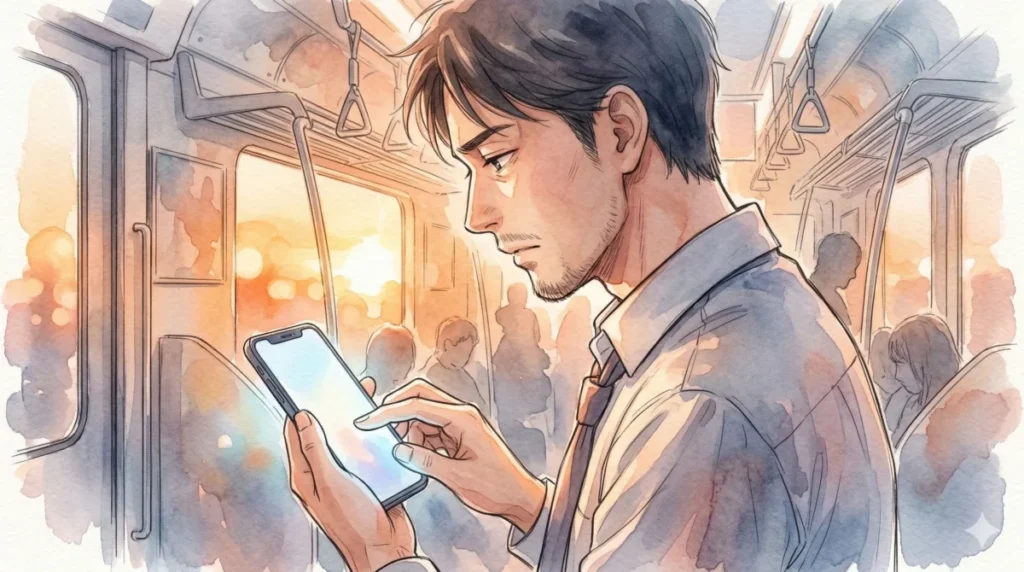 帰宅中の電車内で短い一言を送り、信頼関係を深める様子を表現したイメージ