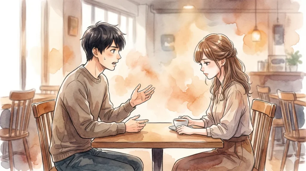 沈黙を恐れ、良かれと思って一方的に自分の話を続ける男性と困惑する女性の様子を表現したイメージ