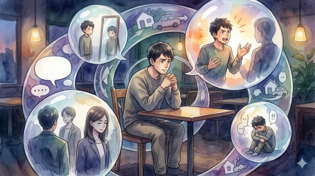 自信のなさから自慢を繰り返し、周囲に引かれてさらに悩む悪循環に陥っている男性の心理を表現したイメージ