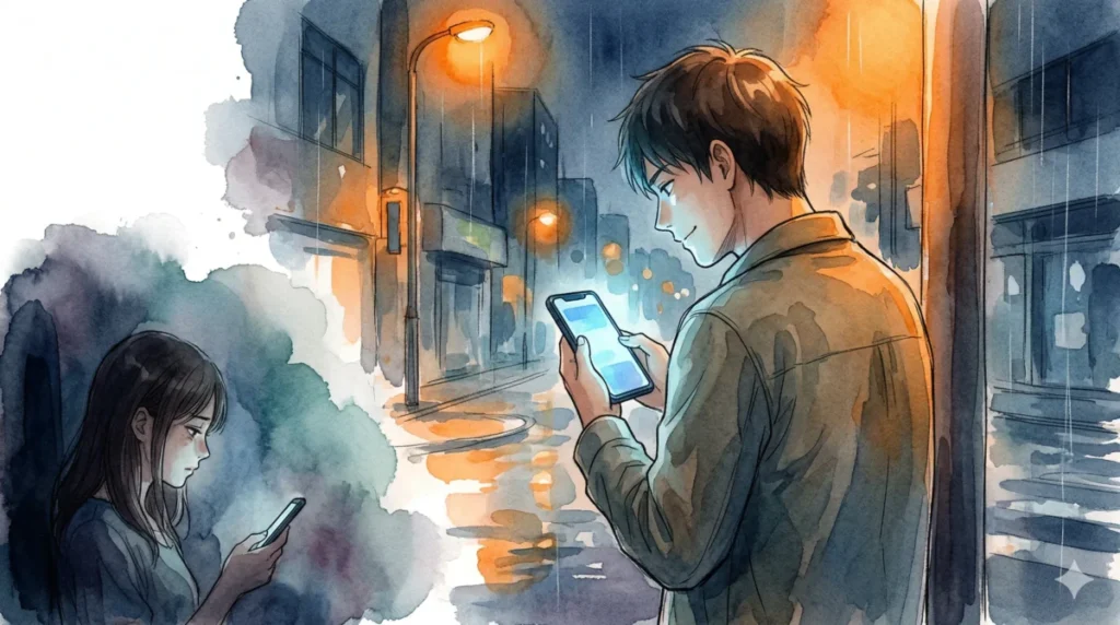 LINEで一方的に自分の話ばかり送り、相手の負担に気づいていない男性の様子を表現したイメージ