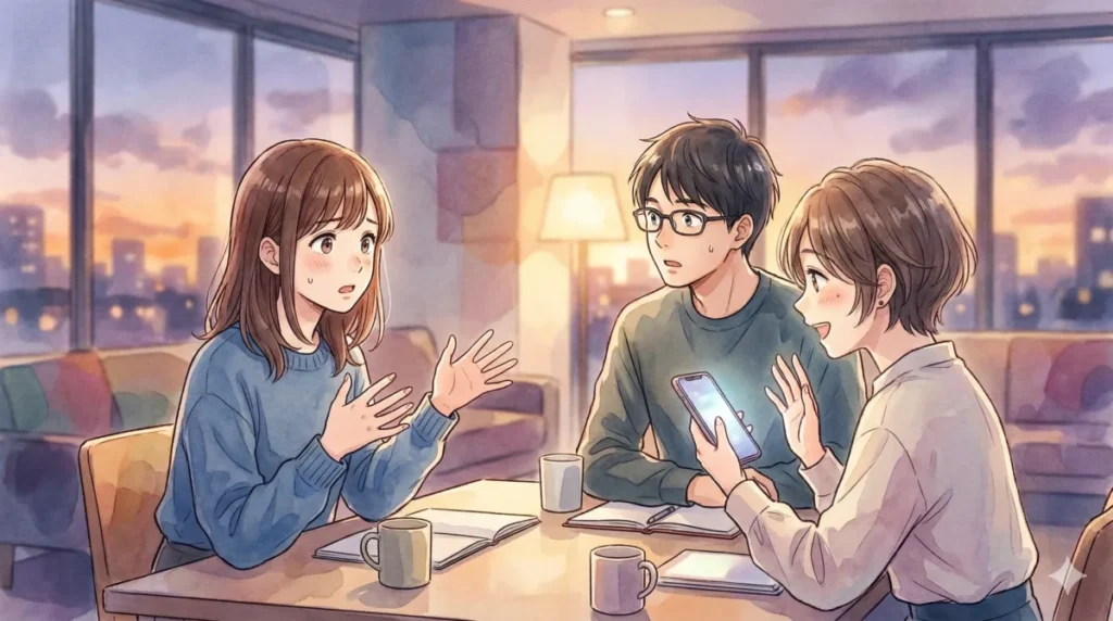 会話中にスマートフォンを見ながら割り込まれ、場の雰囲気が悪くなった場面