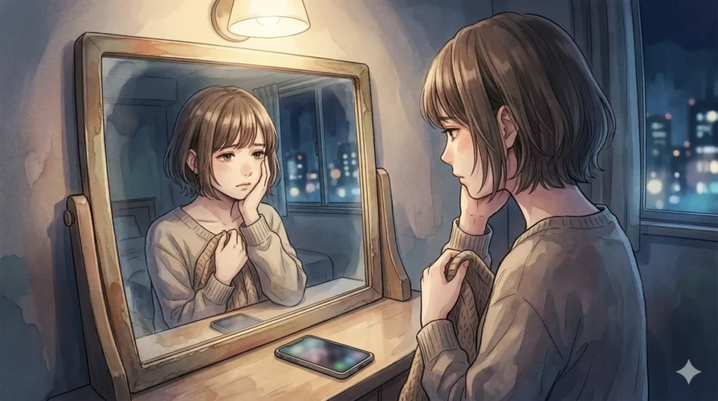 夜に鏡の前で自分自身を見つめ、孤独や葛藤を感じている場面