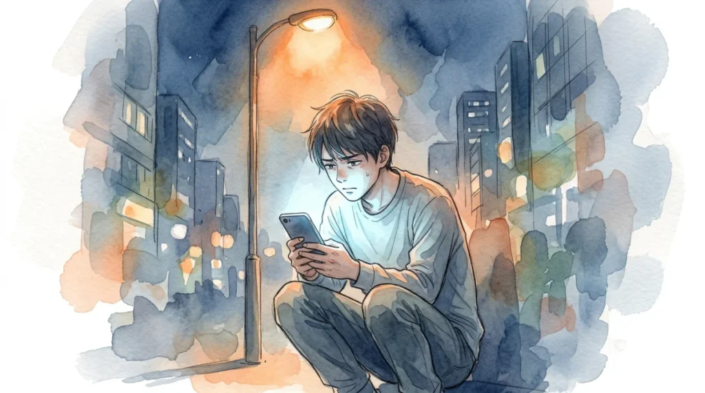 夜の街灯の下でスマートフォンを操作し、自身の行動を振り返る男性の場面