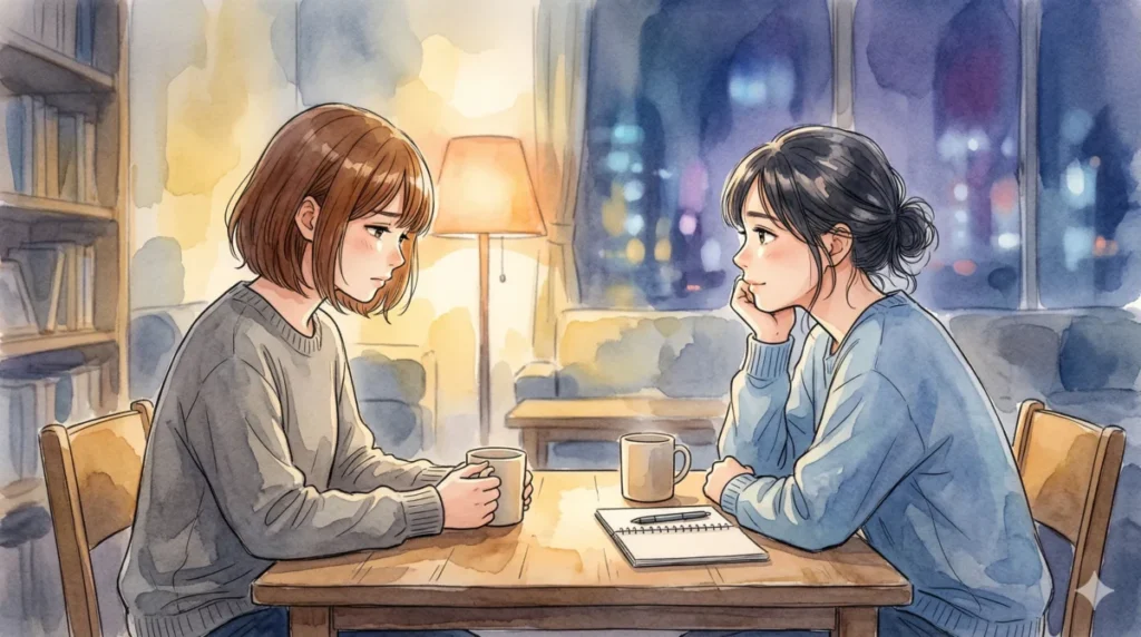 夜にテーブルを挟んで、相手の話を真剣に「聴く」姿勢を表している場面