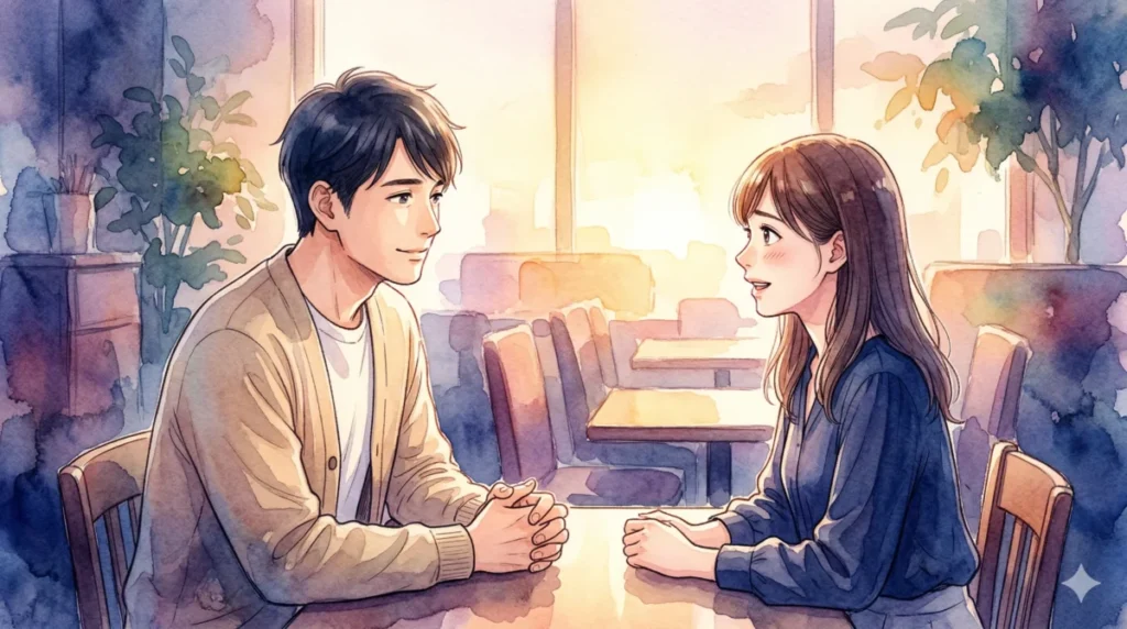 夕暮れのカフェで、相手を対等に扱い、肯定的に会話を楽しんでいる場面