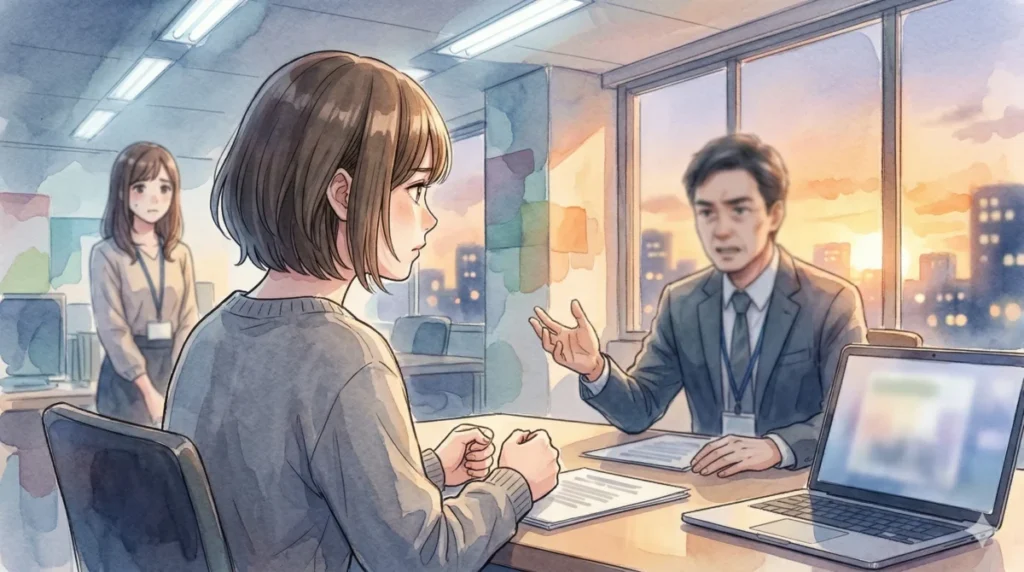 オフィスで上司からの説教を受け、ストレスと反論の葛藤を抱えている場面