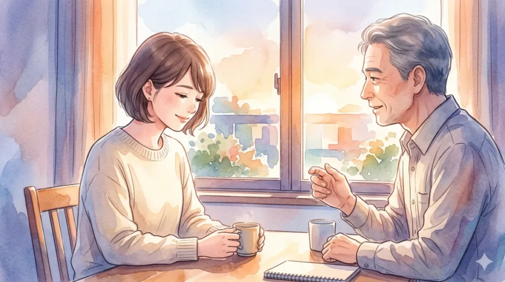 朝の窓辺でコーヒーを飲みながら、年配の男性の話を優しく聞いている場面