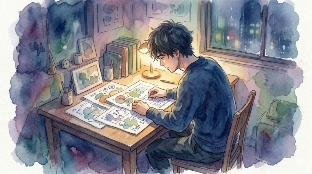 男性が図面に向かい、男女の思考回路や脳の設計の違いを理解する状況を表現したイメージ