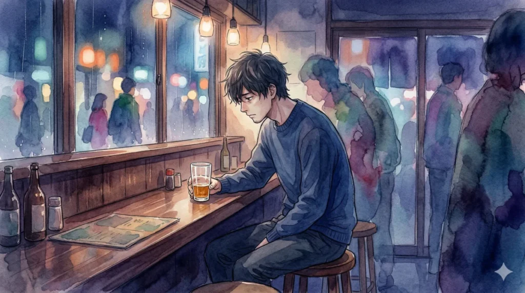 男性がバーで一人落ち込み、ただ話を聞くだけで関係が進展しない心理を表現したイメージ