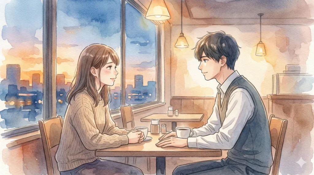 カフェで男性が女性の話に耳を傾け、感情に寄り添い共感を示す状況を表現したイメージ