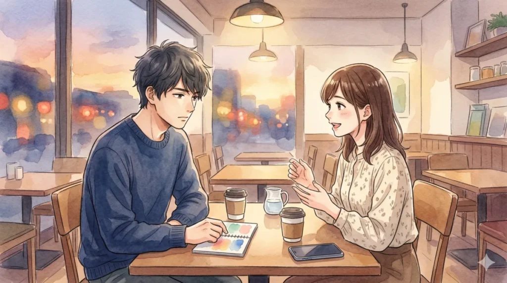 女性の話に対し、男性がノートを見ながら適切な相槌の返し方を考えている心理を表現したイメージ