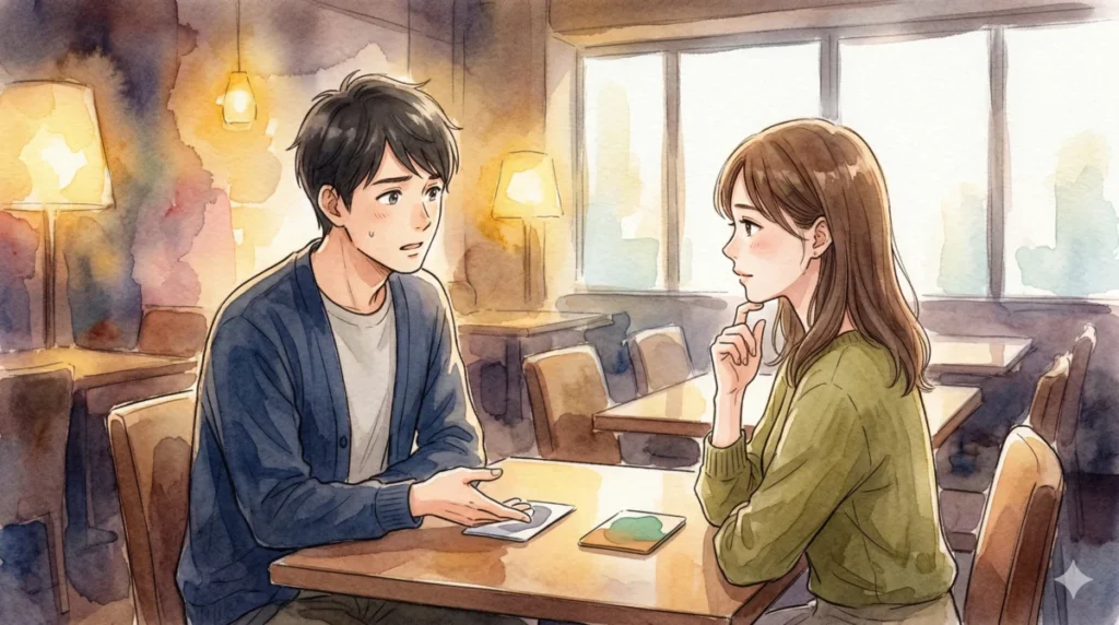 男性が具体的な質問を投げかけ、女性が本音を考えながら答える状況を表現したイメージ