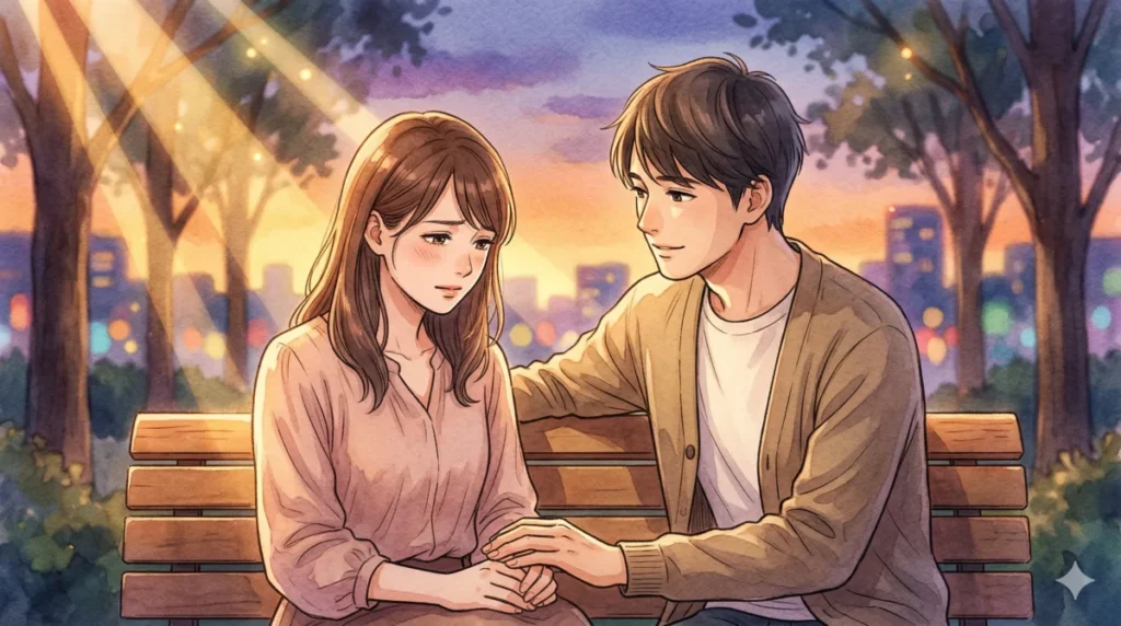 ベンチで落ち込む女性に男性が優しく寄り添い、真の聞き上手となる条件を表現したイメージ