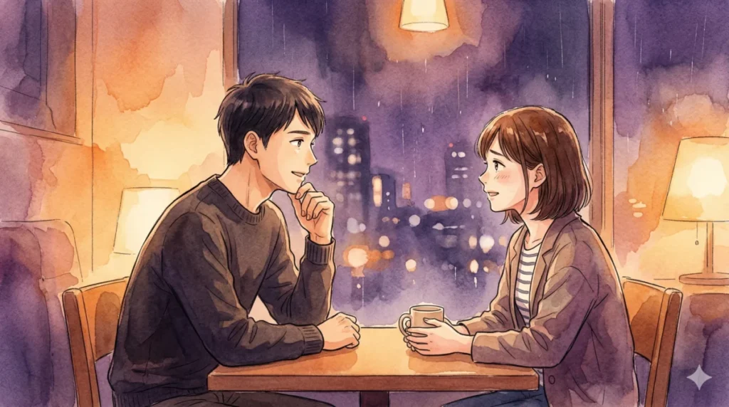 聞き方のコツを掴んだ男性が、女性と良好な関係を築き楽しく会話する状況を表現したイメージ