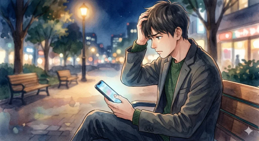夜の公園でスマホを手に、返信に悩み会話が続かない苦悩を表現した様子