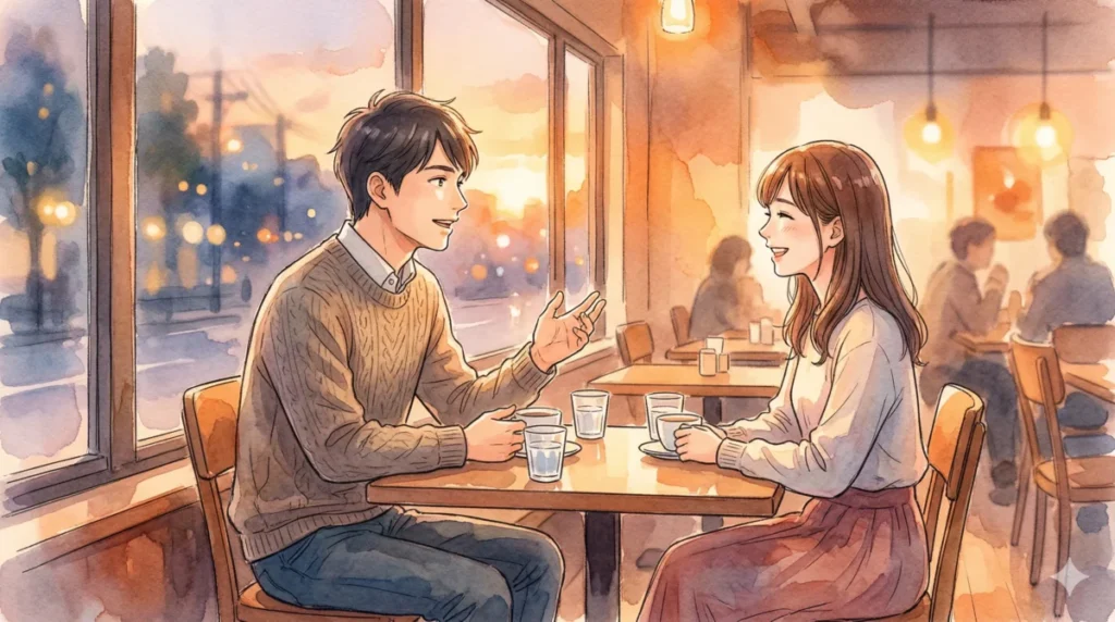 カフェで会話の型を活用し、女性とスムーズにやり取りを楽しむ明るい光景
