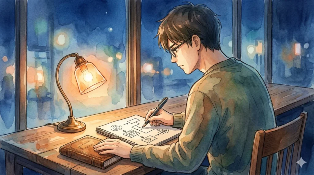 夜の机で会話の変換ルートを設計し、話題を広げるための準備に没頭する姿