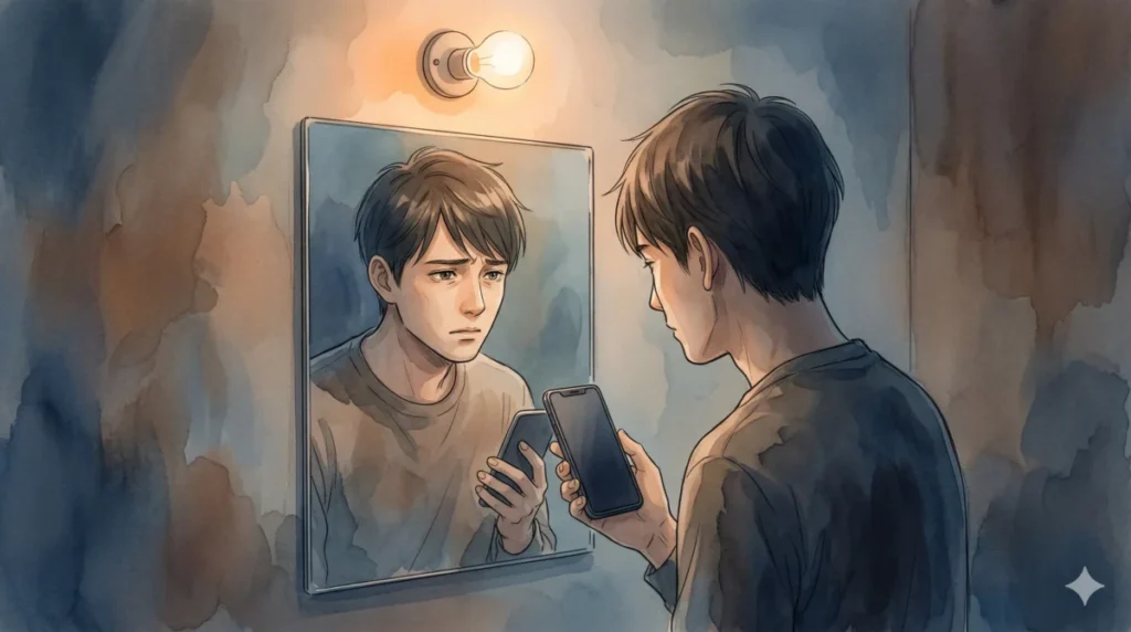 鏡に映る自分を見つめ、真面目すぎてつまらないと言われる葛藤を表現した瞬間