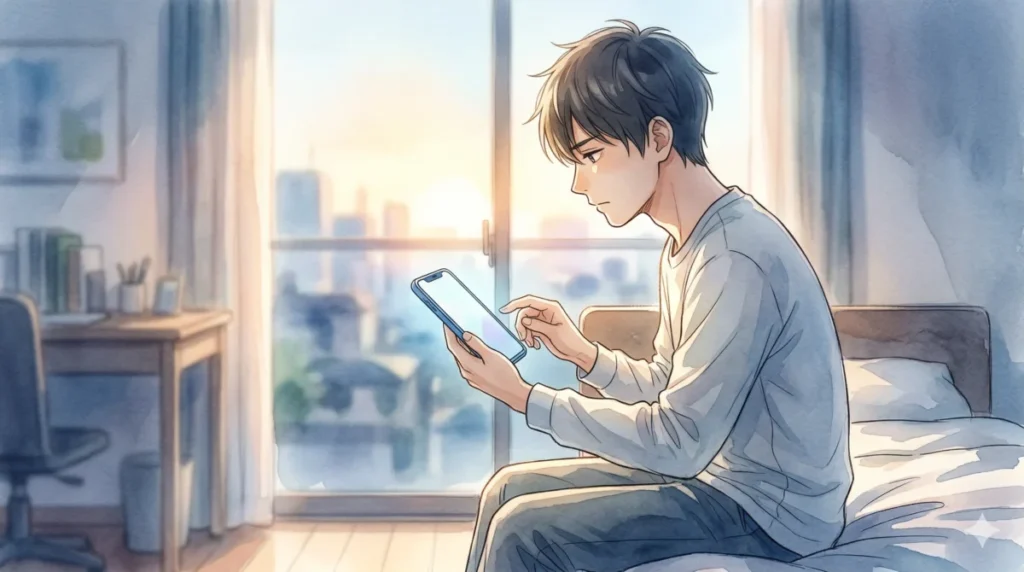 柔らかな朝日の差す部屋で、新しい一歩として一通のメッセージを送る決意の姿